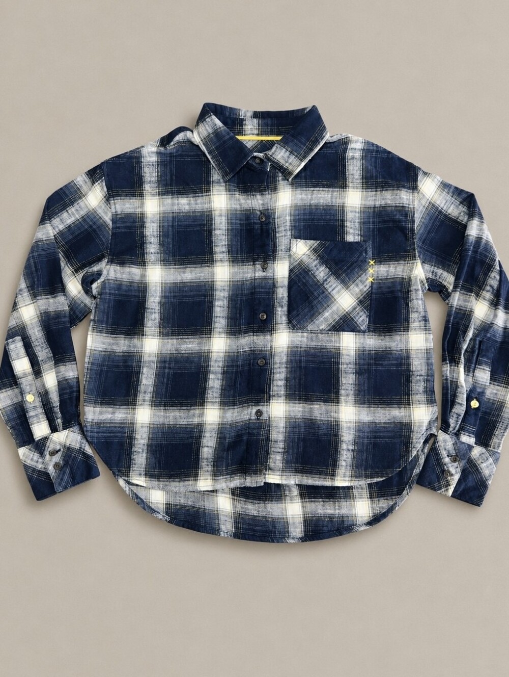 Scotch & Soda Cropped Plaid Flannel Shirt S Navy White Yellow 100% Cotton